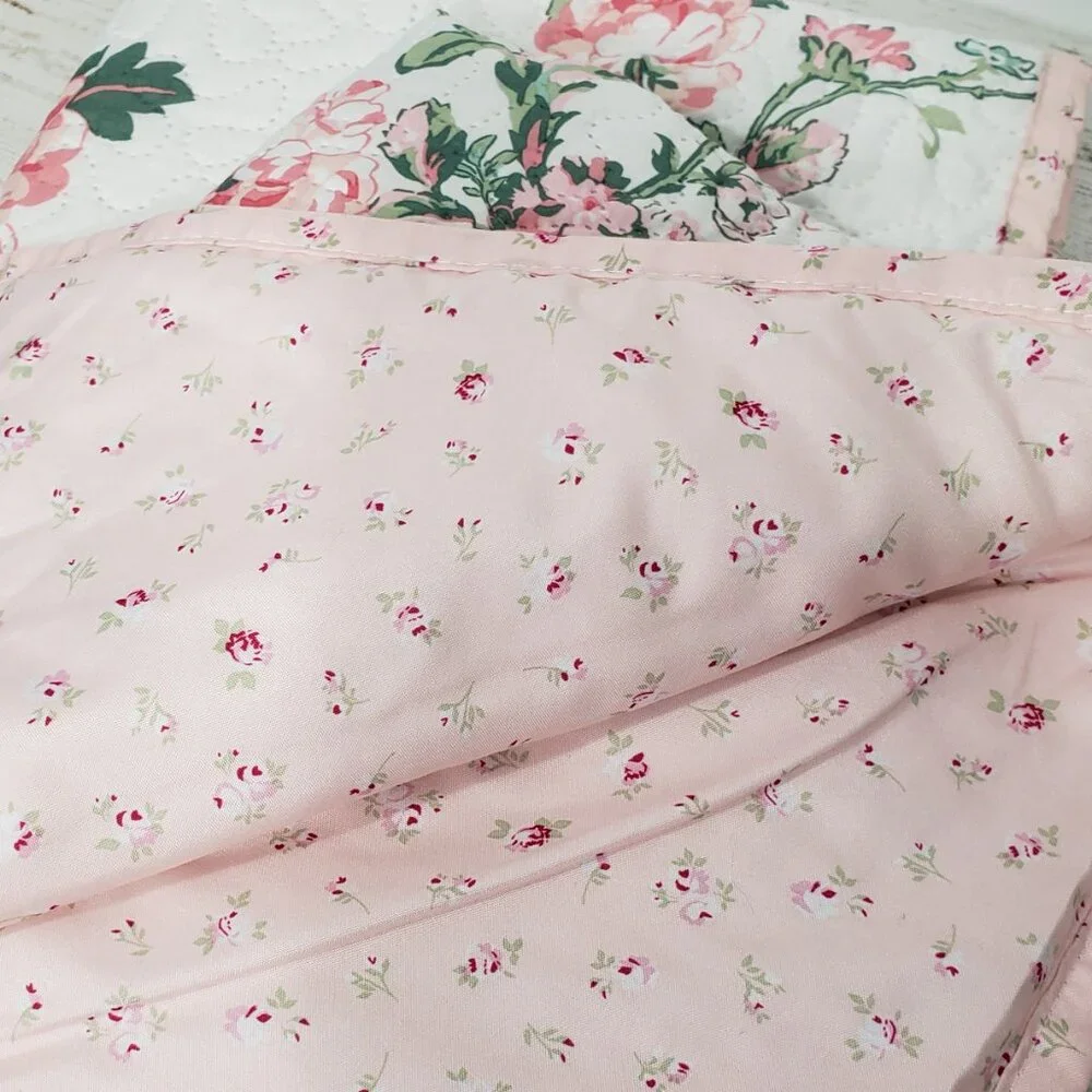 Pair of  Shabby Chic Pink & Green Floral Quilted Pillow Shams Standard Size